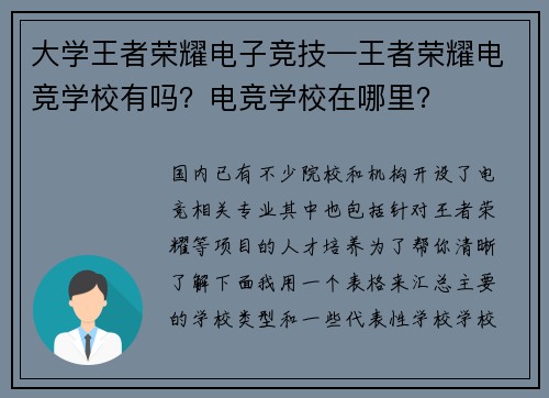 大学王者荣耀电子竞技—王者荣耀电竞学校有吗？电竞学校在哪里？